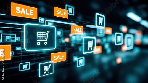 Dynamic online shopping experience digital marketplace sale promotions virtual environment close-up view e-commerce engagement