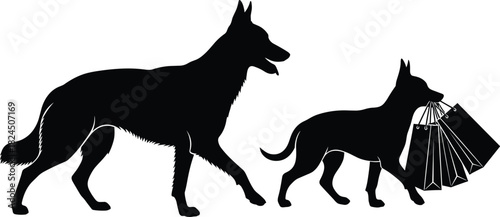 Dog shopping silhouettes, carrying bags pose, black outline, minimal art, pet humor, walking gesture, playful concept, anthropomorphic scene