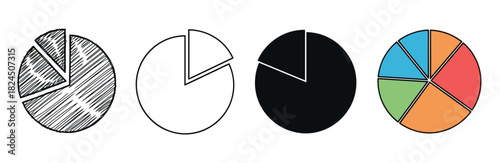 Collection of four pie chart illustrations in various styles, featuring a black and white scribble, a line art icon, a solid glyph, and a colorful diagram for business reports