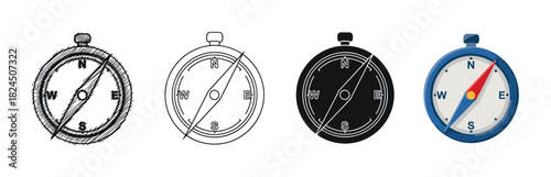 Set of four compass icons in different artistic styles including sketch, line art, silhouette, and flat color design for navigation, travel, and exploration concepts