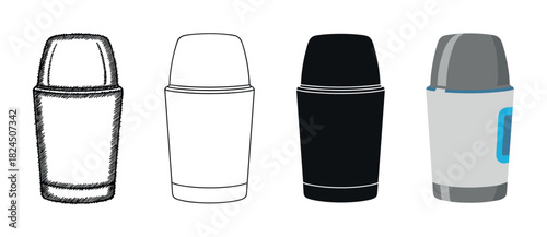 Set of four deodorant stick illustrations showing different artistic styles including a hand-drawn sketch, a simple outline, a black silhouette, and a flat color vector design
