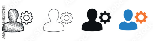 Four user settings icon variations showing a person silhouette with a gear symbol, presented in sketch, outline, solid black, and flat color styles for account management concepts
