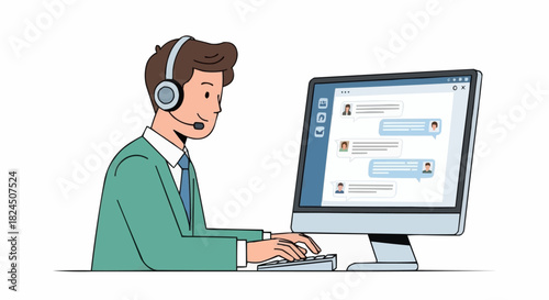 Man with headset working on computer, providing customer support.