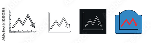 Set of four downward trend graph icons in different styles including sketch, line art, and flat design, representing financial crisis, recession, and market loss