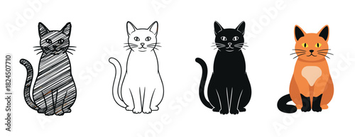 Set of four stylized cat illustrations showing a sitting feline in different artistic styles including scribble, outline, silhouette, and a flat cartoon design
