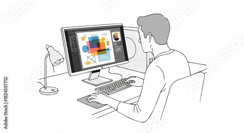 Line art illustration of a graphic designer working on a desktop computer.