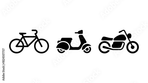 Black silhouette icons representing various two-wheeled transportation methods including a bicycle, a scooter, and a motorcycle, on a clean white background