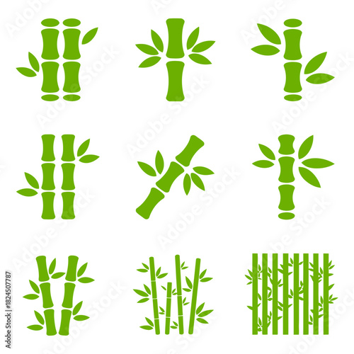 Green bamboo plant stems and leaves icon set vector illustration. natural botanical elements for oriental design, growth, and nature concepts.