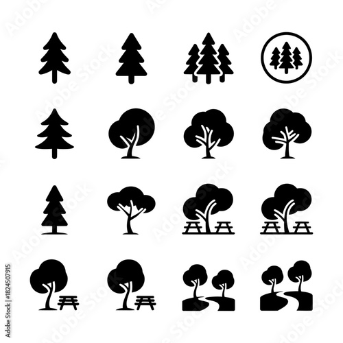 Diverse black silhouette tree icons: evergreen, deciduous, forest clusters, park elements with benches. perfect for nature, environment, and outdoor design.