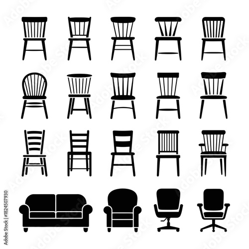 Set of various chair and sofa silhouettes, including wooden chairs, office chairs, and comfortable sofas, ideal for graphic design elements and interior concepts.