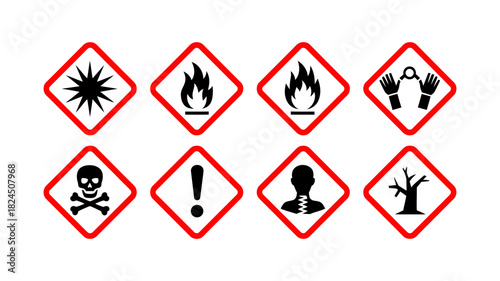 Globally harmonized system (ghs) of classification and labelling of chemicals, showing various hazard pictograms, safety symbols, and warning signs.