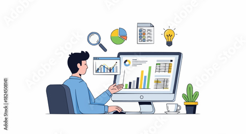 Professional data analyst working with charts and graphs on a computer.