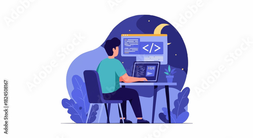 Programmer working late at night on a laptop computer.