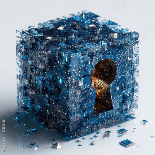 Fototapeta Naklejka Na Ścianę i Meble -  Isometric 3d padlock made of blue circuit design