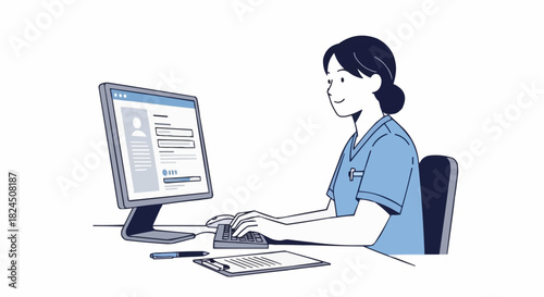 Female Medical Professional Working on Computer in Healthcare Setting.
