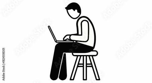 Person working on laptop while sitting on a stool in a simple black and white illustration.