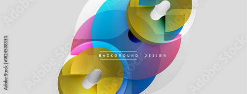 Abstract colorful shapes overlap, creating dynamic visual effect. Light elements add depth, modern design aesthetic.