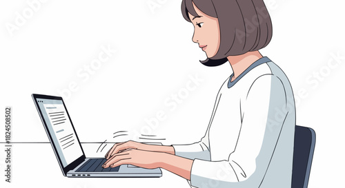Woman working on laptop typing and focused on her work at desk.
