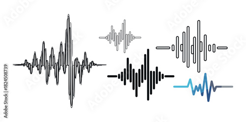 Collection of various sound wave graphics in different styles, including outline, solid, and line art, representing audio signals, music visualization, and voice frequency
