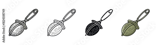 Set of four tea strainer illustrations in different artistic styles, including a hand-drawn sketch, simple line art, a solid black glyph, and a flat color cartoon version
