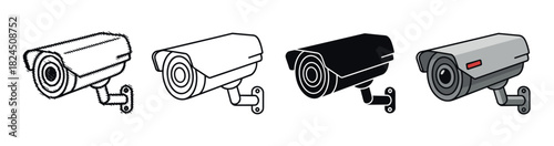 Set of four security camera icons presented in various artistic styles, including sketch, line art, silhouette, and full color cartoon for graphic design elements