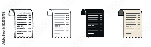 Collection of four paper receipt vector icons presented in multiple styles like doodle, outline, solid black glyph, and flat color for business and finance themes