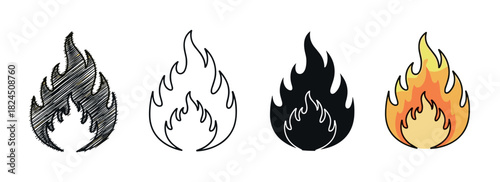 Set of four fire flame icons in various artistic styles including hand-drawn sketch, simple outline, solid black silhouette, and a colorful cartoon illustration