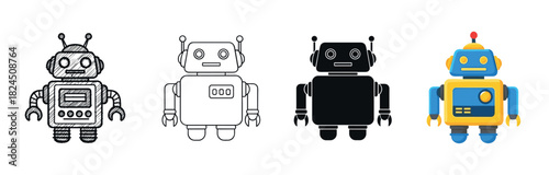 Set of four cute robot character icons in different illustration styles, including a hand-drawn doodle, a clean outline, a solid black silhouette, and a colorful flat vector graphic