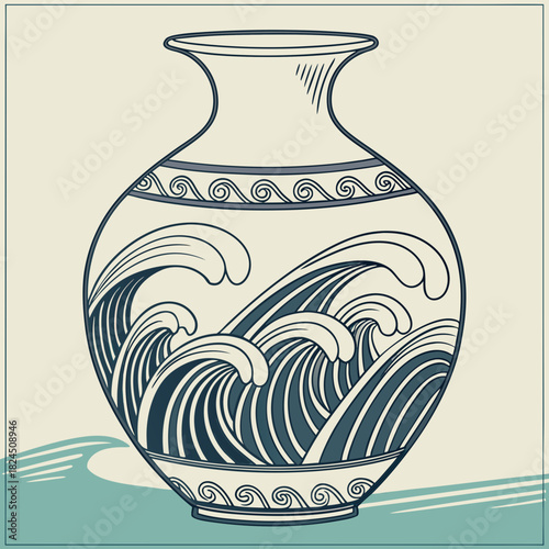 Ancient vase decorated with dynamic ocean waves and greek key pattern