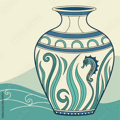 Seahorse and seaweed decorated ceramic vase illustration