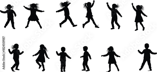 Silhouette of happy children dancing, playing, and jumping outdoors, isolated on white background, concept of childhood joy, freedom, and fun.