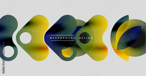 Abstract fluid shapes, vibrant colors, overlapping forms create modern design. Yellows, greens, blues blend seamlessly. Minimalist aesthetic.