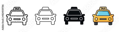 Set of four taxi car vector icons in different artistic styles including hand-drawn scribble, simple outline, solid black silhouette, and colorful flat cartoon design