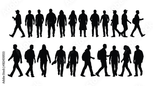 Diverse people silhouettes walking and standing isolated on white background, Vector