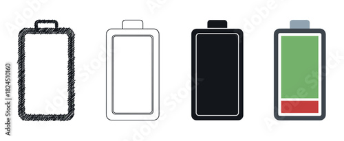 Set of four battery icons in different styles including scribble, outline, silhouette, and flat color showing a low charge level for user interface and graphic design concepts