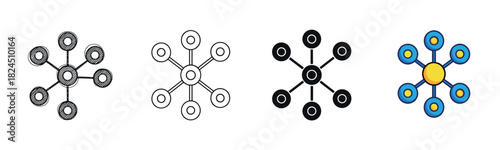 Set of four network connection icons showing different design styles including hand-drawn sketch, thin line, solid glyph, and a flat color version for technology or science concepts