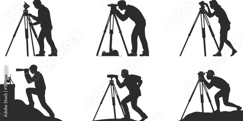 Set of silhouettes illustrating professionals, including surveyors or photographers, working with equipment on tripods for various outdoor tasks.