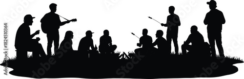 Silhouette of friends sitting around campfire, playing guitar, talking, and enjoying outdoor camping night with teamwork, relaxation, and friendship.