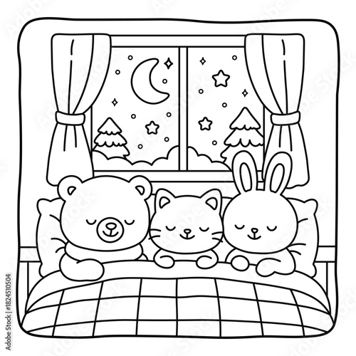 Cute Animal Sleepover Coloring Sheet – Peaceful Winter Night Scene