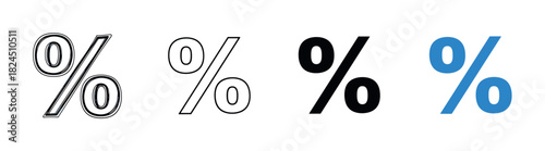 Set of four percentage sign icons in various styles, including hand-drawn sketch, simple outline, and bold solid black and blue for business or marketing concepts
