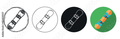 Set of four snowboard icons showing different design styles including sketch, line art, glyph, and a colorful flat design with a long shadow for winter sports concepts