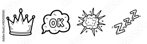 Black and white doodle illustrations of crown, speech bubble, explosion, and sleep symbols