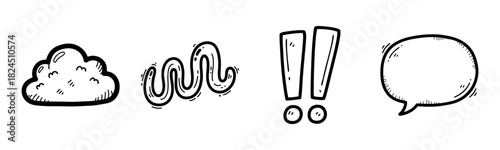 Hand-drawn comic symbols: cloud, swirl, exclamation marks, speech bubble