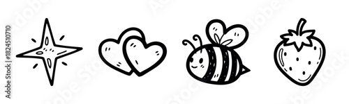 Black and white doodle icons: star, hearts, bee, strawberry