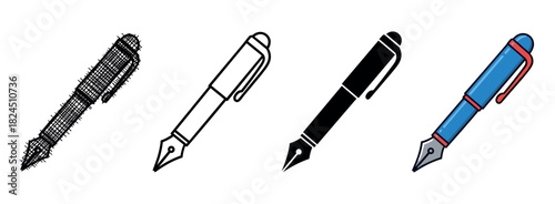 Fountain pen icon set collection showing four different artistic design styles including a hand drawn scribble, a simple outline, a solid black silhouette, and a colorful cartoon