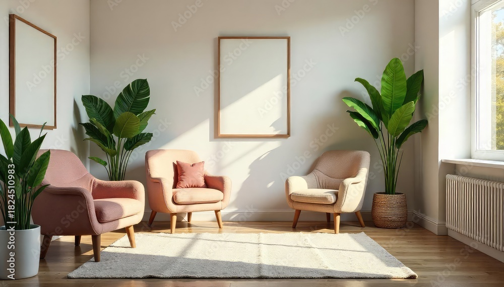 Fototapeta premium A serene and inviting therapy office, featuring calming decor and natural light, suggesting a peaceful and supportive environment for healing and well-being , meditation, interior