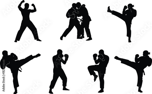 Black Silhouette Vector Set of Martial Arts Fighters Engaging in Sparring, Grappling, Boxing, and High Kicks, Illustrating Self-Defense, Training, and Combat Sports Action.