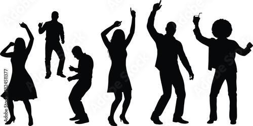 Black Silhouette Vector Set of Happy People Dancing at a Party or Nightclub, Celebrating with Hands Up, Including Disco Style and Energetic Movements for Fun.