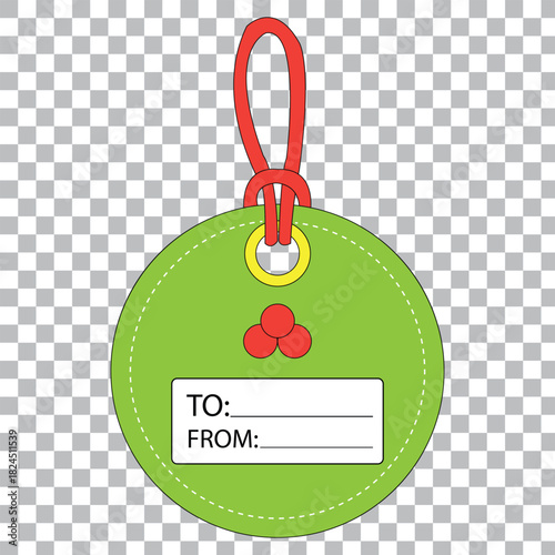 Green round gift tag with red ribbon and holly berry decoration.
