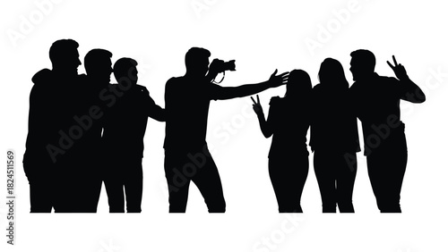 Group taking a selfie silhouette isolated on white background, Vector